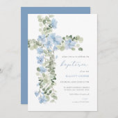 Blauw Bloemen Kruis Jongen Doop Uitnodiging (Voorkant / Achterkant)