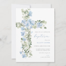 Blauw Bloemen Kruis Jongen Doop Uitnodiging