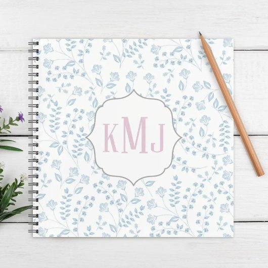 Blauw Bloemen Leuke Chic Pattern Monogram Initiale Notitieboek