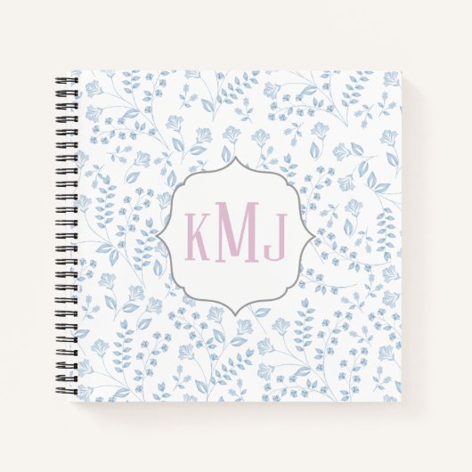 Blauw Bloemen Leuke Chic Pattern Monogram Initiale Notitieboek (Voorkant)