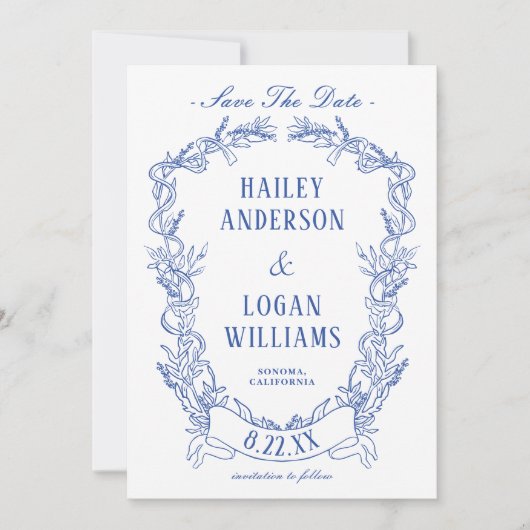  Blauw Bloemen Lijst Bruiloft Save The Date (Voorkant)