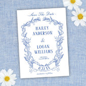  Blauw Bloemen Lijst Bruiloft Save The Date