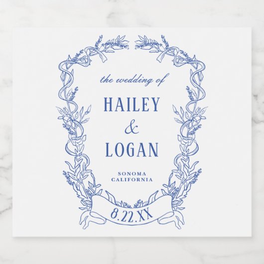 Blauw Bloemen Lijst Elegant Bruiloft Bier Etiket (Enkel label)