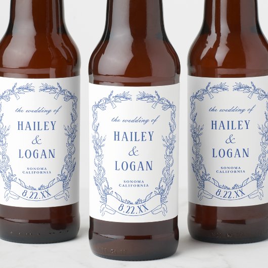 Blauw Bloemen Lijst Elegant Bruiloft Bier Etiket