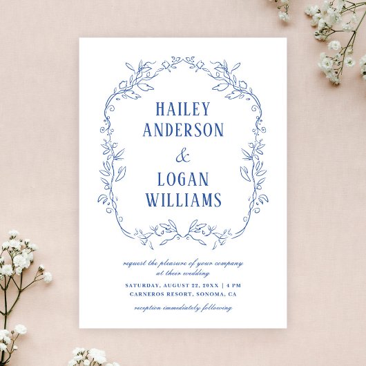  Blauw Bloemen Lijst Elegant Bruiloft Kaart