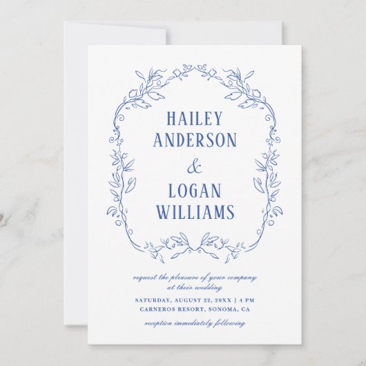  Blauw Bloemen Lijst Elegant Bruiloft Kaart (Voorkant)