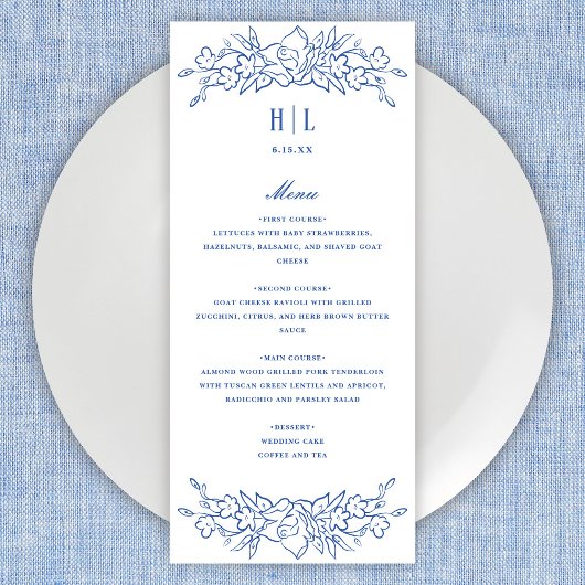  Blauw Bloemen Lijst Elegant Bruiloft Menu