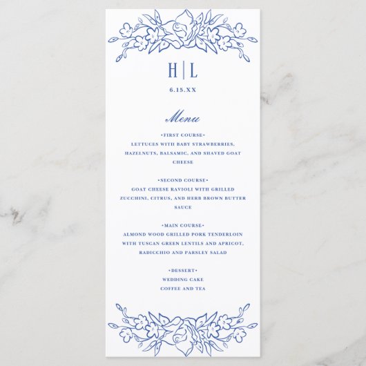  Blauw Bloemen Lijst Elegant Bruiloft Menu (Voorkant)