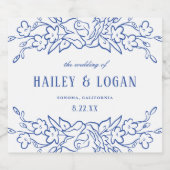 Blauw Bloemen Lijst Elegant Bruiloft Sparkling Wijnetiket (Enkel label)