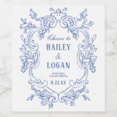  Blauw Bloemen Lijst Elegant Bruiloft Wijn Etiket (Enkel label)