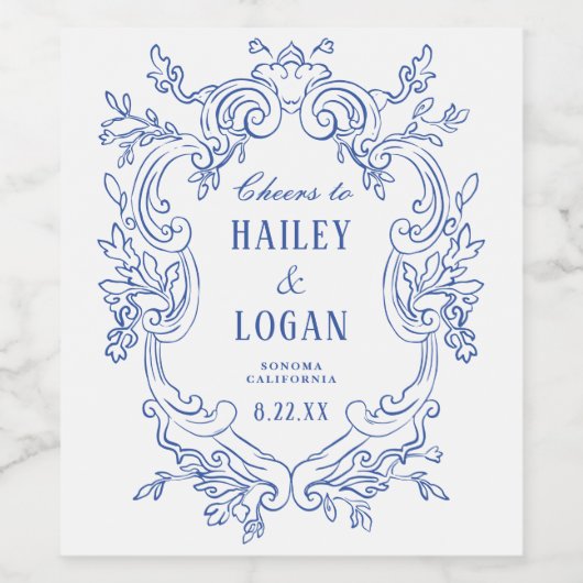  Blauw Bloemen Lijst Elegant Bruiloft Wijn Etiket (Enkel label)