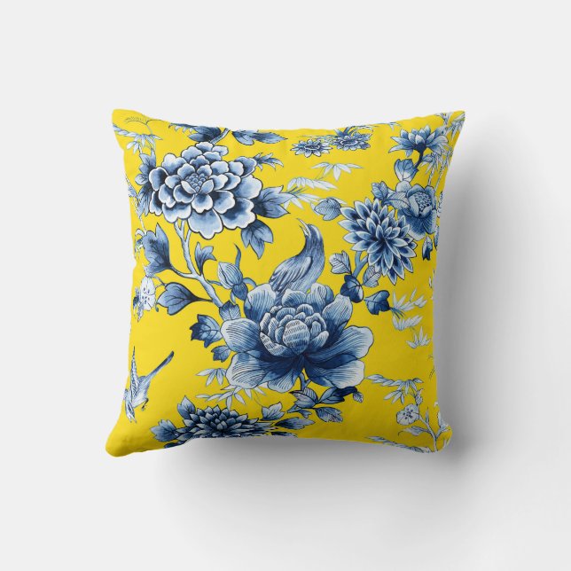 Blauw Bloemen Luxe Print op Geel Sierkussen (Achterkant)