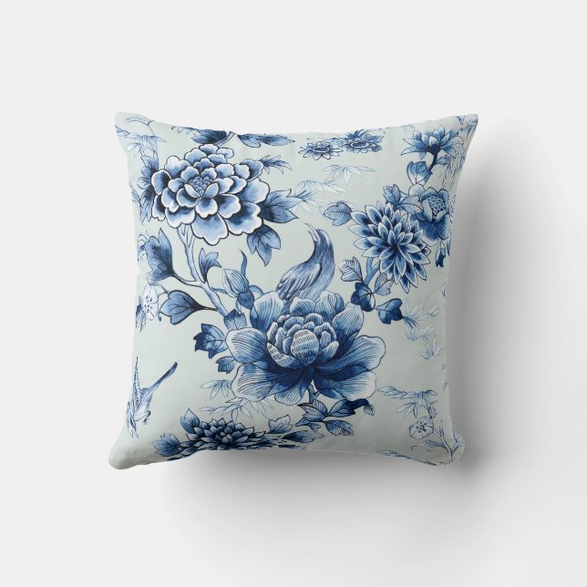 Blauw Bloemen Luxe Print op Sage Sierkussen (Achterkant)