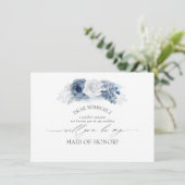 Blauw Bloemen Maid of Honor / bruidsmeisje voorste Kaart (Staand voorkant)