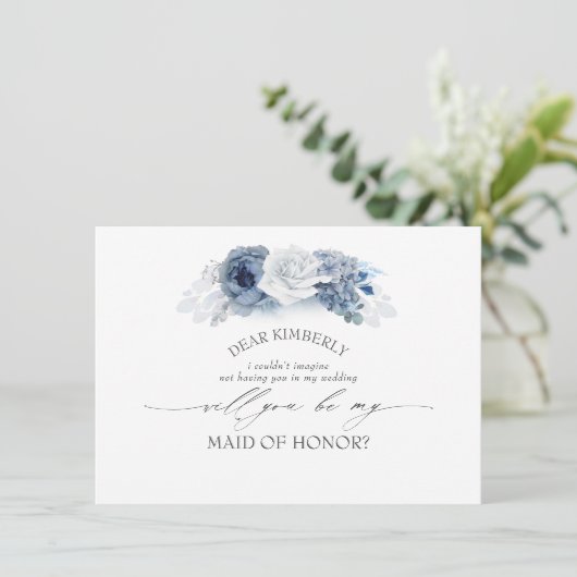 Blauw Bloemen Maid of Honor / bruidsmeisje voorste Kaart (Staand voorkant)