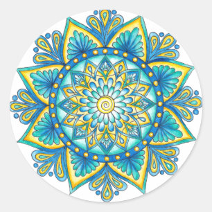 Blauw Bloemen Mandala Geel Turquoise Ronde Sticker