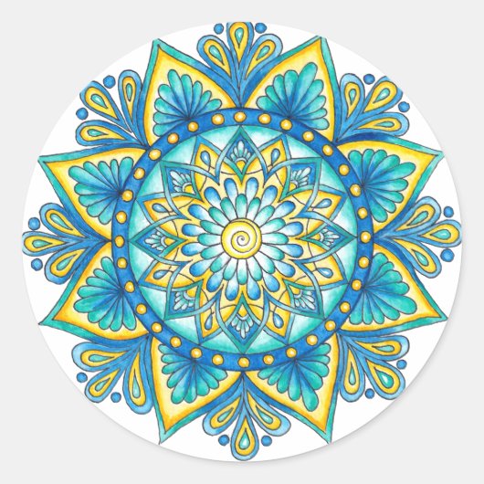 Blauw Bloemen Mandala Geel Turquoise Ronde Sticker (Voorkant)