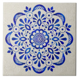 Blauw Bloemen Mandala Keramische Tegel. Tegeltje