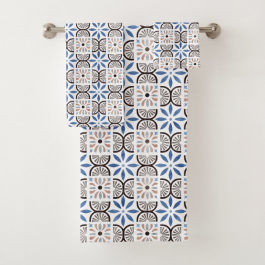 Blauw Bloemen Marokkaanse Tegel Patroon Bad Handdoek (Insitu)