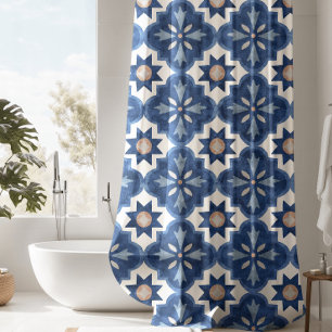 Blauw Bloemen Marokkaanse Tegel Patroon Douchegordijn