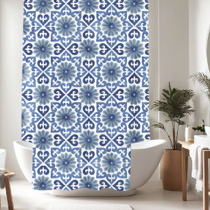 Blauw Bloemen Marokkaanse Tegel Patroon Douchegordijn