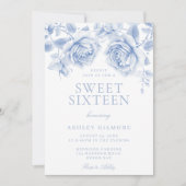 Blauw Bloemen Meisje Sweet 16 Party Kaart (Voorkant)