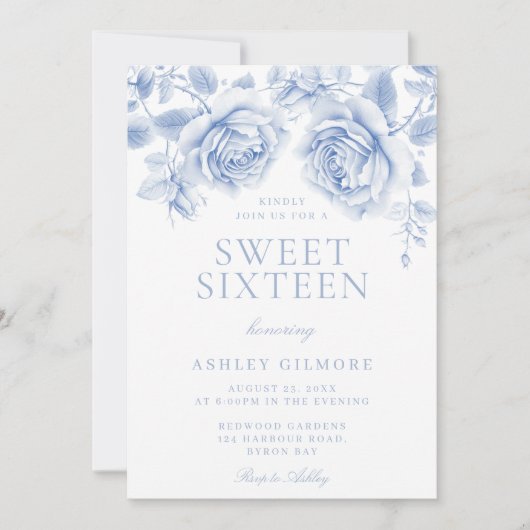  Blauw Bloemen Meisje Sweet 16 Party Kaart (Voorkant)