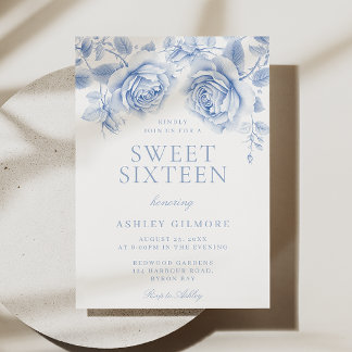 Blauw Bloemen Meisje Sweet 16 Party Kaart