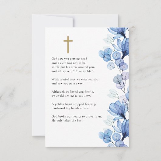 Blauw Bloemen Memorial begrafenis gebed foto kaart (Achterkant)