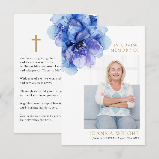 Blauw Bloemen Memorial begrafenis gebed foto kaart (Voorkant / Achterkant)