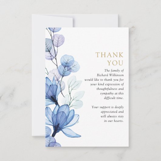Blauw Bloemen Memorial Viering van het leven begra Bedankkaart (Voorkant)