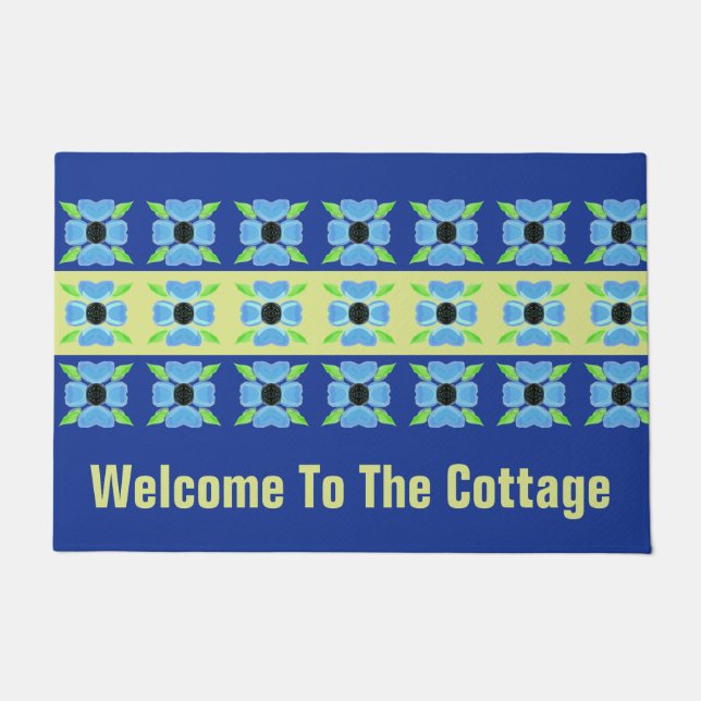 Blauw Bloemen Met Limoen Deurmat (Voorkant)