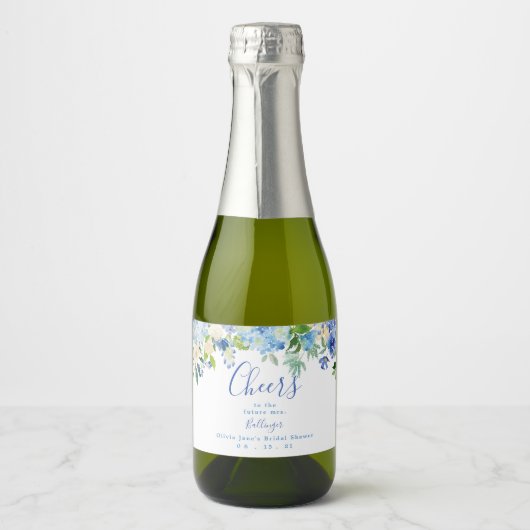 Blauw Bloemen Mini Mousserende Wijn Label, Bruids Sparkling Wijnetiket (Voorkant)