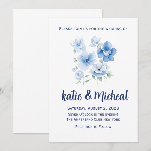 Blauw Bloemen Minimalistisch Eenvoudige Huwelijksu Kaart (Voorkant / Achterkant)