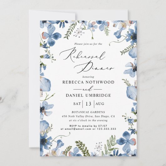 Blauw Bloemen Modern Repetitie Diner Bruiloft Kaart (Voorkant)