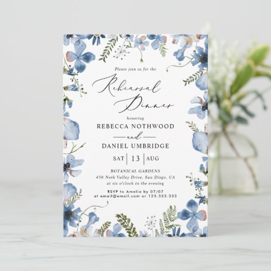 Blauw Bloemen Modern Repetitie Diner Bruiloft Kaart (Staand voorkant)