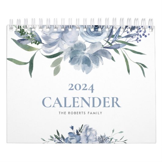 Blauw Bloemen Moderne Aangepaste Foto 2024 Kalende Kalender (Hoes)