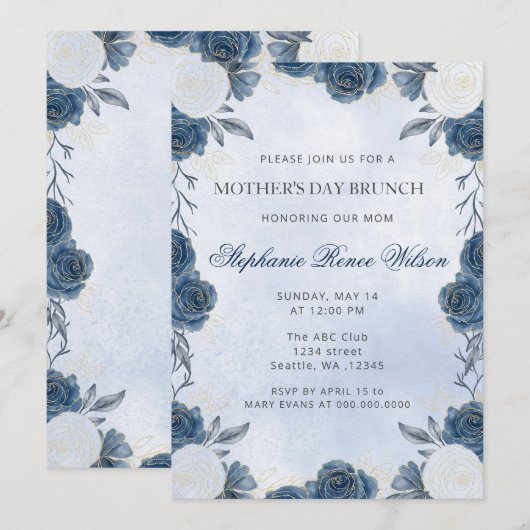 Blauw Bloemen Moederdag Brunch Kaart (Voorkant / Achterkant)