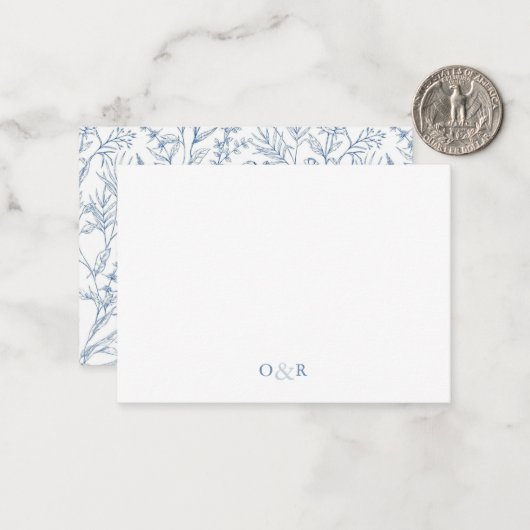 Blauw Bloemen Monogram Koppels Stationery Notitiekaartje (Voorkant / Achterkant in situ)