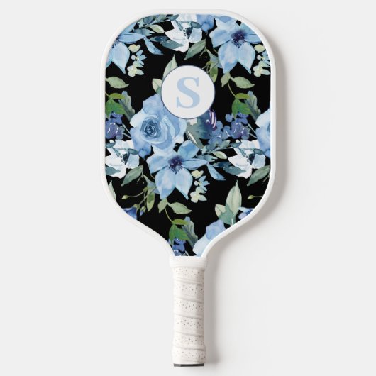 Blauw Bloemen Monogram Pickleball peddel Paddle (Voorkant)