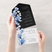 Blauw Bloemen Monogram Zwart-wit Bruiloft All In One Uitnodiging (Afscheurbaar)