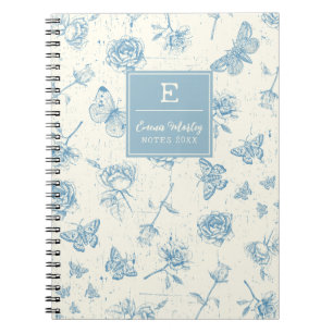 Blauw  Bloemen Monogrammed Gepersonaliseerd Notitieboek