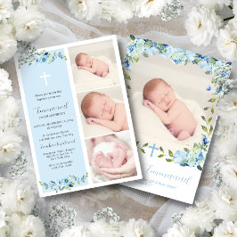 Blauw Bloemen Multiphoto Doop voor Jongens Kaart