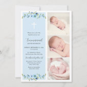 Blauw Bloemen Multiphoto Doop voor Jongens Kaart (Voorkant)