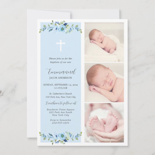 Blauw Bloemen Multiphoto Doop voor Jongens Kaart (Voorkant)