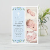 Blauw Bloemen Multiphoto Doop voor Jongens Kaart (Staand voorkant)