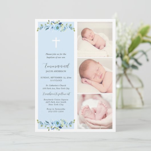 Blauw Bloemen Multiphoto Doop voor Jongens Kaart (Staand voorkant)