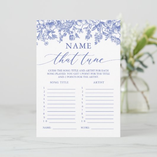 Blauw Bloemen Naam Dat Tune Vrijgezellenfeest Spel Kaart (Staand voorkant)