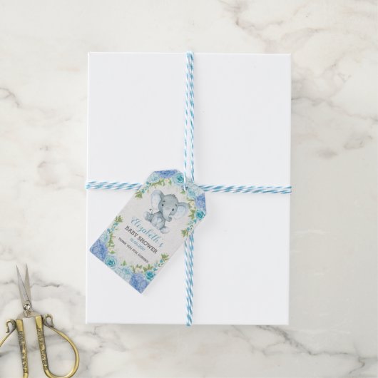  Blauw Bloemen Oerwoud Olifant Baby shower Cadeaulabel (Met Touw)