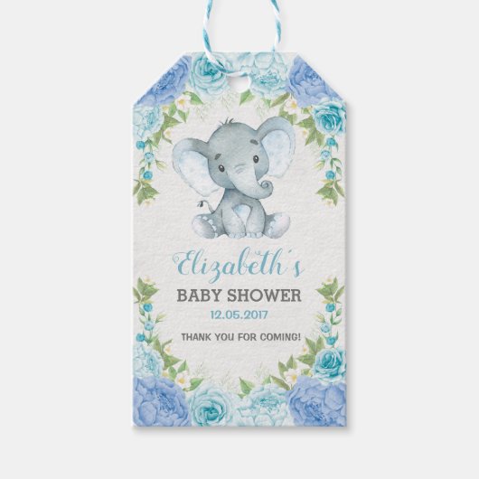  Blauw Bloemen Oerwoud Olifant Baby shower Cadeaulabel (Voorkant)